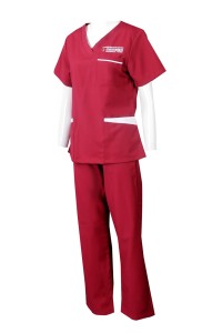 NU059 訂製短袖套裝護士服 設計V領護士服 抽繩褲腰 紅色套裝護士服 護士服專門店 澳門   澳門循道衛理   療養院 護士學校 訓練中心   資深內窺鏡護士/助理
